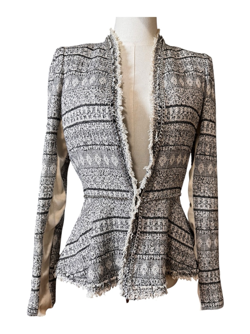 Rebecca Taylor Black White Tweed Chain Trim Raw Fringe Peplum Blazer Jacket S